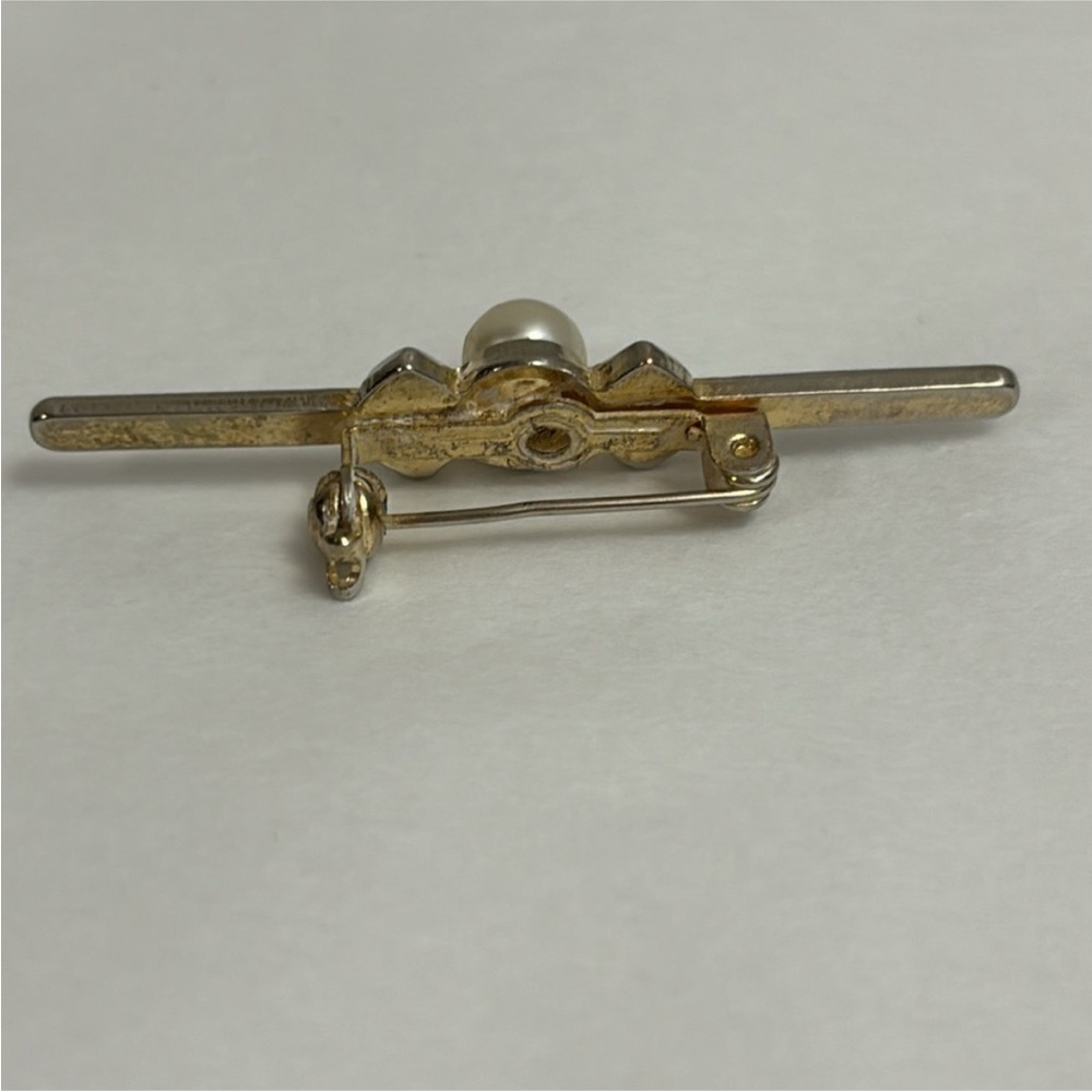 Vintage Faux pearl brooch art nouveau pin gold tone bar design black enamel - Picture 8 of 10